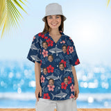 Woman wearing the Hibiscus Shark Hawaiian Shirt with custom faces