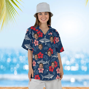 Woman wearing the Hibiscus Shark Hawaiian Shirt with custom faces