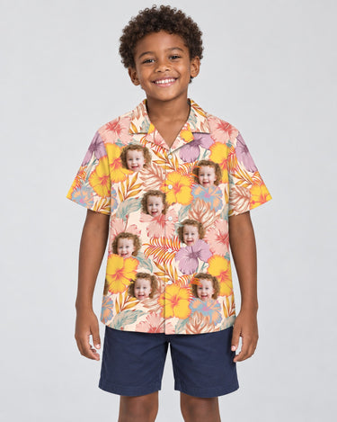 Hibiscus Summer Hawaiian shirt with printed faces, worn by a child