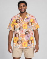 Hibiscus Summer Hawaiian shirt with printed faces, worn by a man
