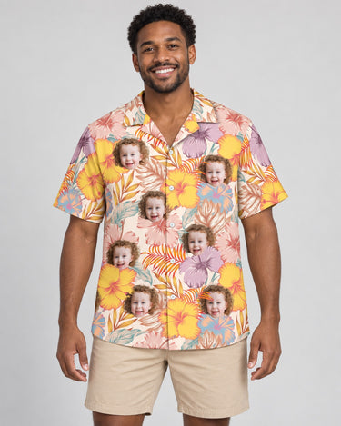 Hibiscus Summer Hawaiian shirt with printed faces, worn by a man