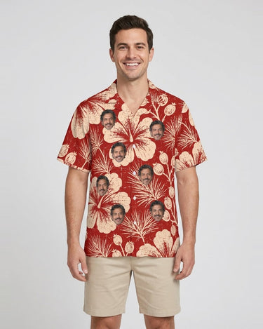 Hibiscus Woodcut Christmas Hawaiian Shirt with printed faces, worn by a man