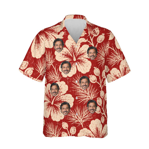 Hibiscus Woodcut personalized Christmas Hawaiian shirt printed with customer faces, front view