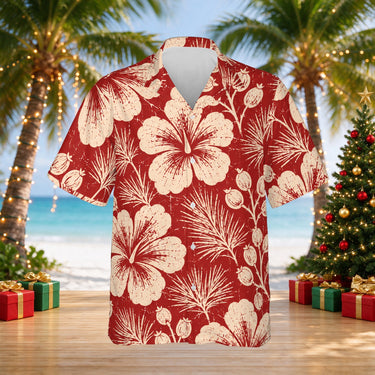 Hibiscus Woodcut Christmas Hawaiian shirt print before personalizing, front view