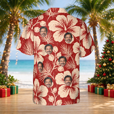 Hibiscus Woodcut custom Christmas Hawaiian shirt with photos, back view