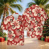Hibiscus Woodcut custom Christmas Hawaiian shirt with faces, front and back