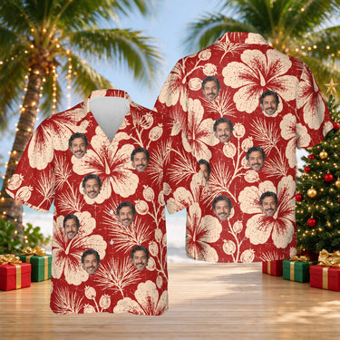 Hibiscus Woodcut custom Christmas Hawaiian shirt with faces, front and back