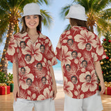 Hibiscus Woodcut personalized Christmas Hawaiian shirt with faces worn by a woman, front and back