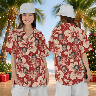 Hibiscus Woodcut personalized Christmas Hawaiian shirt with faces worn by a woman, front and back