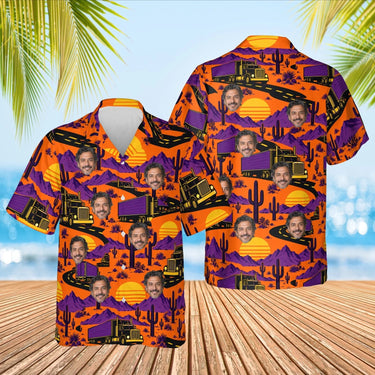 Highway Sunset Trucker Hawaiian Shirt with custom faces, front and back