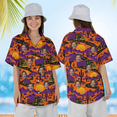 Woman wearing the Highway Sunset Trucker Hawaiian Shirt with custom faces, front and back view