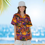 Woman wearing the Highway Sunset Trucker Hawaiian Shirt with custom faces