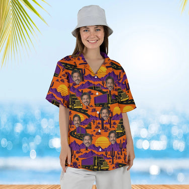 Woman wearing the Highway Sunset Trucker Hawaiian Shirt with custom faces