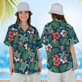 Woman wearing the Honu Turtle Aloha Shirt with custom faces, front and back view