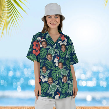 Woman wearing the Honu Turtle Aloha Shirt with custom faces