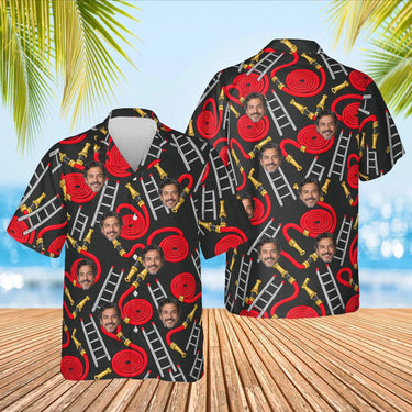 Hose & Ladder Firefighter Hawaiian Shirt with custom faces, front and back