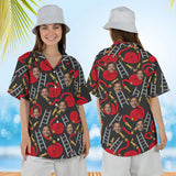 Woman wearing the Hose & Ladder Firefighter Hawaiian Shirt with custom faces, front and back view