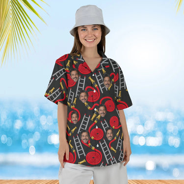 Woman wearing the Hose & Ladder Firefighter Hawaiian Shirt with custom faces