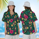 Woman wearing the Hummingbird Caribbean Style Hawaiian Shirt with custom faces, front and back view