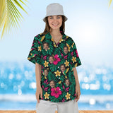 Woman wearing the Hummingbird Caribbean Style Hawaiian Shirt with custom faces