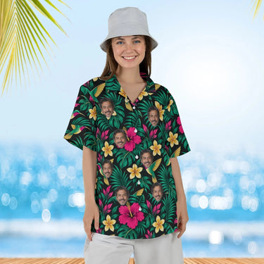 Woman wearing the Hummingbird Caribbean Style Hawaiian Shirt with custom faces