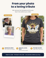 From your photo to a loving tribute: upload a photo, add a name, a line and dates, pick the light color and order