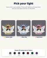 Three light colors for the in loving memory angel wings t-shirt: golden light, silver sky and rose blush, plus seven shirt colors