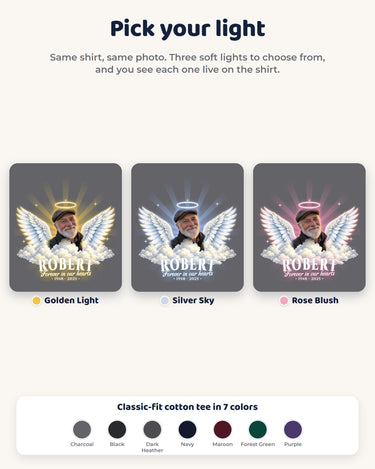 Three light colors for the in loving memory angel wings t-shirt: golden light, silver sky and rose blush, plus seven shirt colors