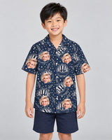 Independence Day USA Hawaiian shirt with printed faces, worn by a child