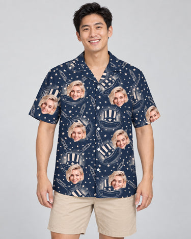 Independence Day USA Hawaiian shirt with printed faces, worn by a man