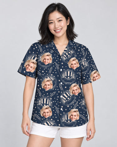 Independence Day USA Hawaiian shirt with printed faces, worn by a woman