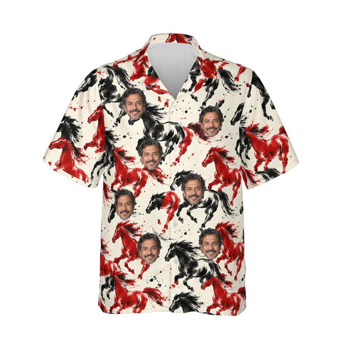 Ink Brush Mustang Horse Hawaiian Shirt personalized with printed faces, front view