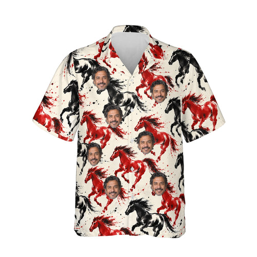 Ink Brush Mustang Horse Hawaiian Shirt personalized with printed faces, front view