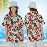 Woman wearing the Ink Brush Mustang Horse Hawaiian Shirt with custom faces, front and back view