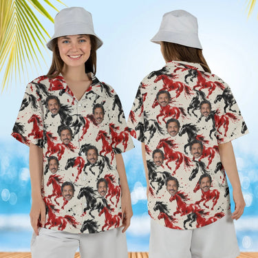 Woman wearing the Ink Brush Mustang Horse Hawaiian Shirt with custom faces, front and back view