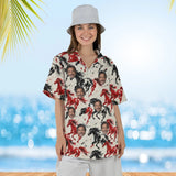 Woman wearing the Ink Brush Mustang Horse Hawaiian Shirt with custom faces