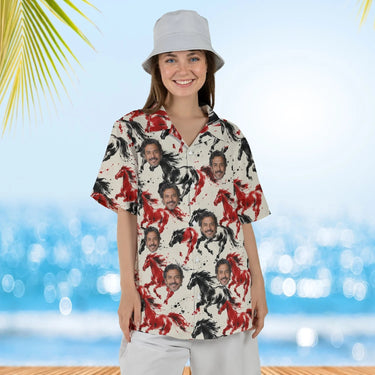 Woman wearing the Ink Brush Mustang Horse Hawaiian Shirt with custom faces