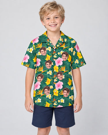 Island Blossom Hawaiian shirt with printed faces, worn by a child