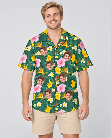 Island Blossom Hawaiian shirt with printed faces, worn by a man