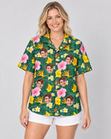 Island Blossom Hawaiian shirt with printed faces, worn by a woman