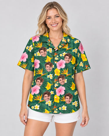 Island Blossom Hawaiian shirt with printed faces, worn by a woman
