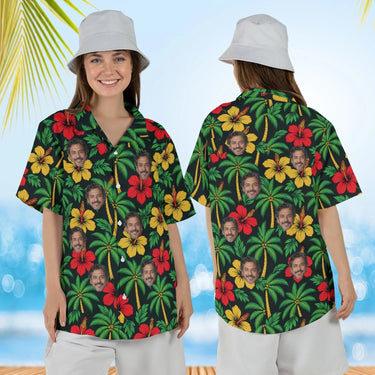 Woman wearing the Island Colours Caribbean Style Hawaiian Shirt with custom faces, front and back view