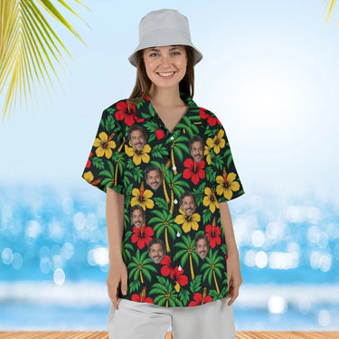 Woman wearing the Island Colours Caribbean Style Hawaiian Shirt with custom faces