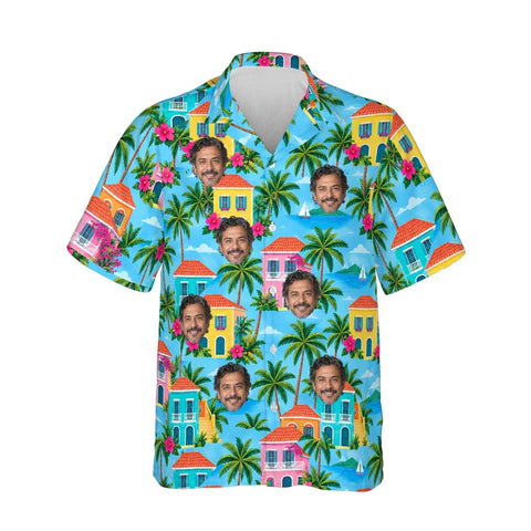 Island Houses Caribbean Style Hawaiian Shirt personalized with printed faces, front view