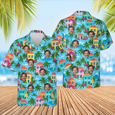 Island Houses Caribbean Style Hawaiian Shirt with custom faces, front and back