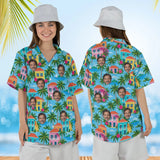 Woman wearing the Island Houses Caribbean Style Hawaiian Shirt with custom faces, front and back view