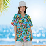 Woman wearing the Island Houses Caribbean Style Hawaiian Shirt with custom faces