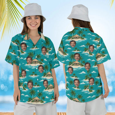 Woman wearing the Island Hut Hawaiian Shirt with custom faces, front and back view