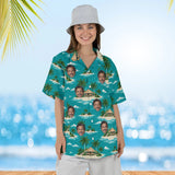 Woman wearing the Island Hut Hawaiian Shirt with custom faces