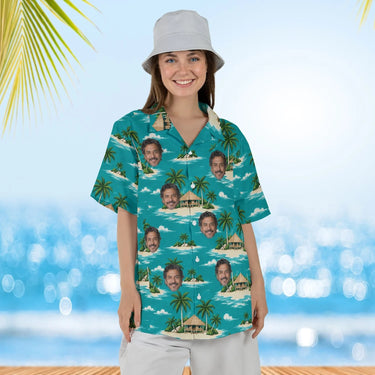 Woman wearing the Island Hut Hawaiian Shirt with custom faces